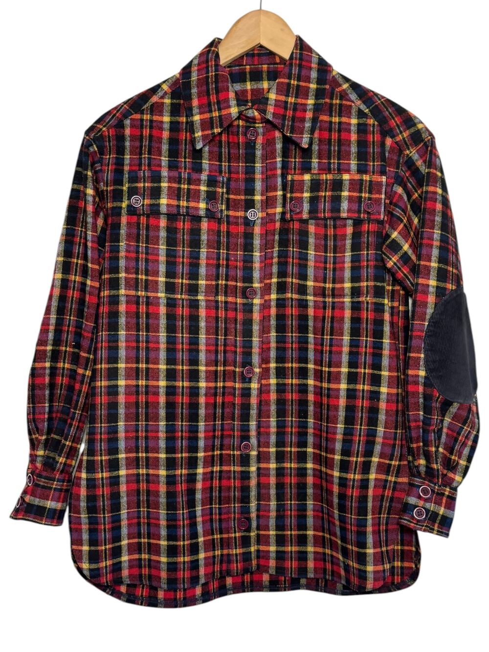 1970's Women's 100% Wool Plaid Button Up Shirt Made In Colombia Elbow Patches